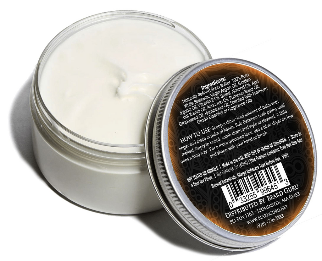 BeardGuru Rebel Beard Balm has the scents of cedar, spices and hints of leather. Smoothes and Softens Hair Helps Shape/Tame Unruly Beard Hair Removes Beard Itch Eliminates Frizziness Gives Your Beard a Non Greasy Finished Look Net Weight: 2 fl.oz. / 60 ml