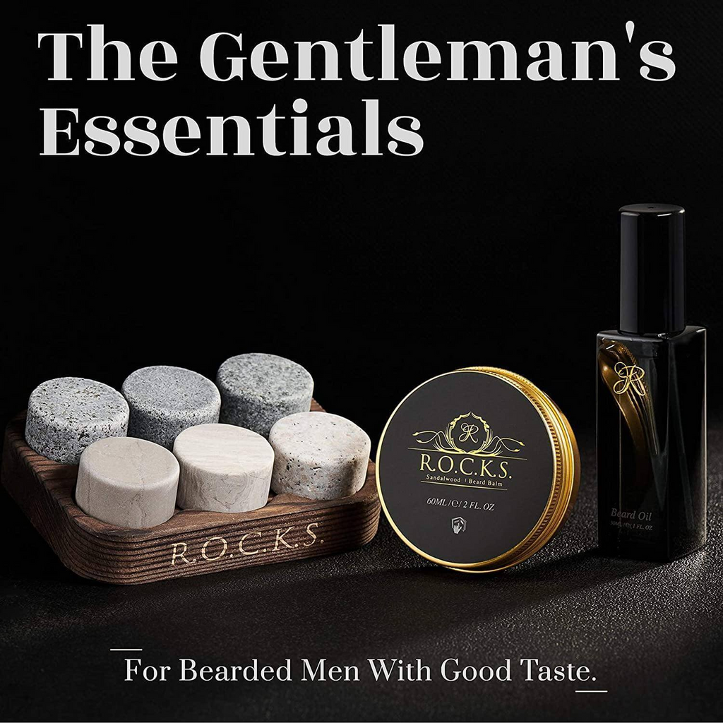 Whiskey Stones & Beard Care Grooming Kit Gift Set -  Sandalwood Scent - Shop X Ology