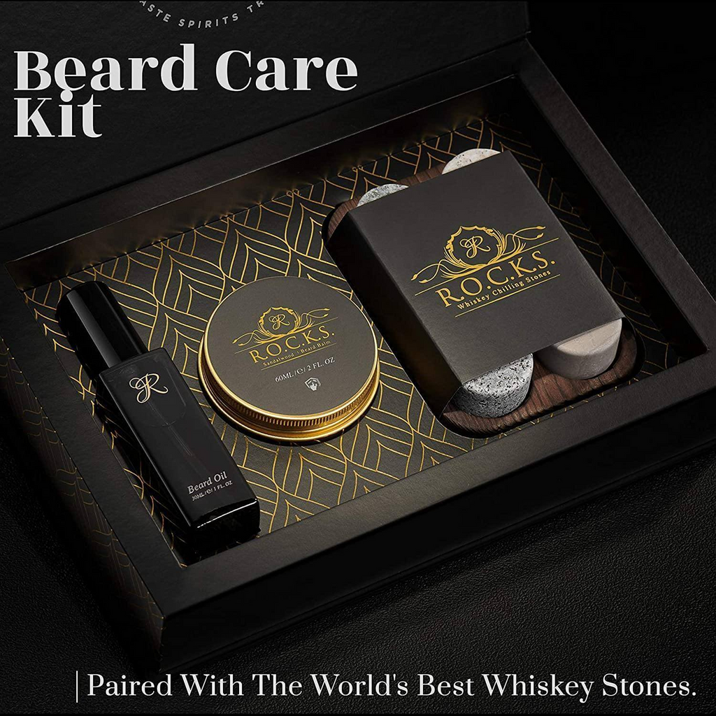 Whiskey Stones & Beard Care Grooming Kit Gift Set -  Sandalwood Scent - Shop X Ology