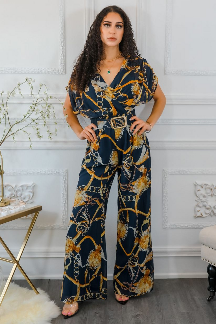 Printed Chains Belted Palazzo Jumpsuit - Shop X Ology