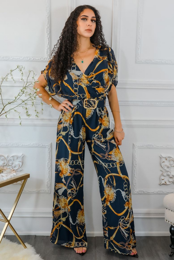 Printed Chains Belted Palazzo Jumpsuit - Shop X Ology