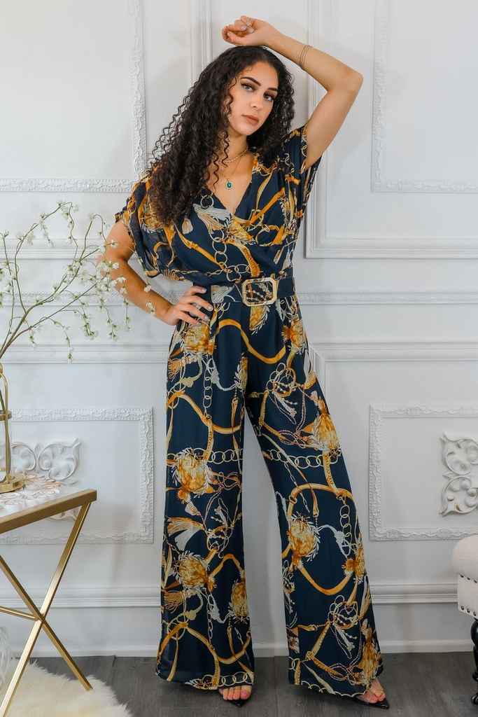 Printed Chains Belted Palazzo Jumpsuit - Shop X Ology