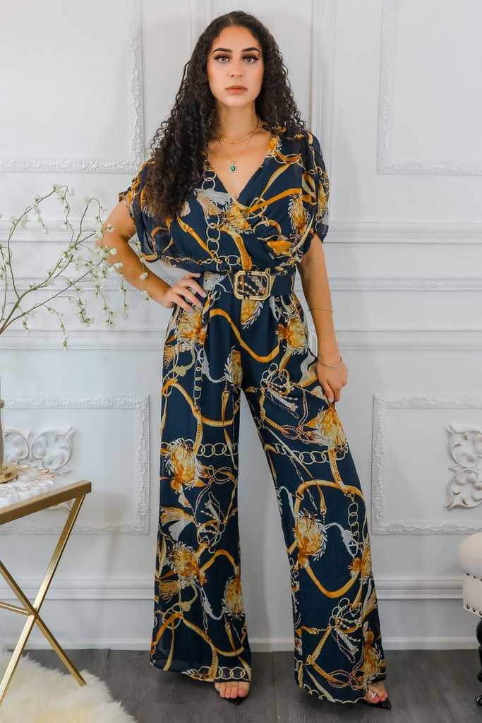 Printed Chains Belted Palazzo Jumpsuit - Shop X Ology