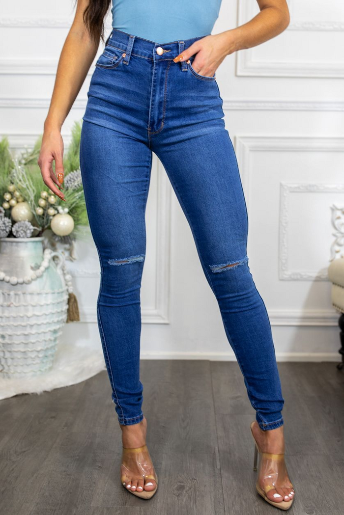 High Waisted Knee Cut Stretch Jeans