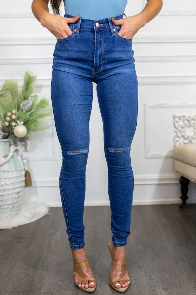 High Waisted Knee Cut Stretch Jeans