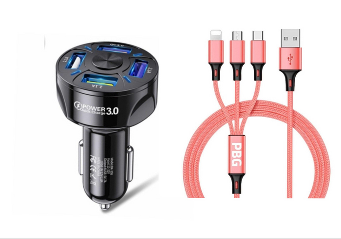 4 Port LED Car Charger + 3 in 1 Cable Combo Pink - Shop X Ology