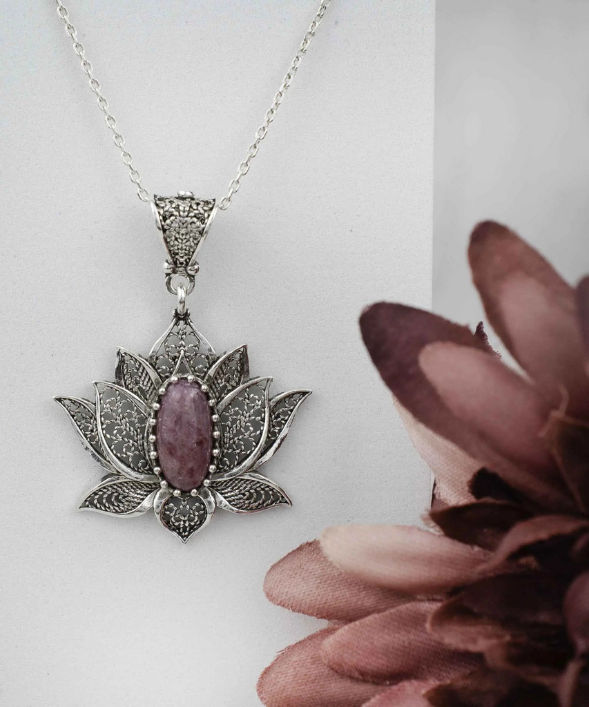 Luxurious Rhodonite Lotus Flower Silver Pendant Necklace - Shop X Ology