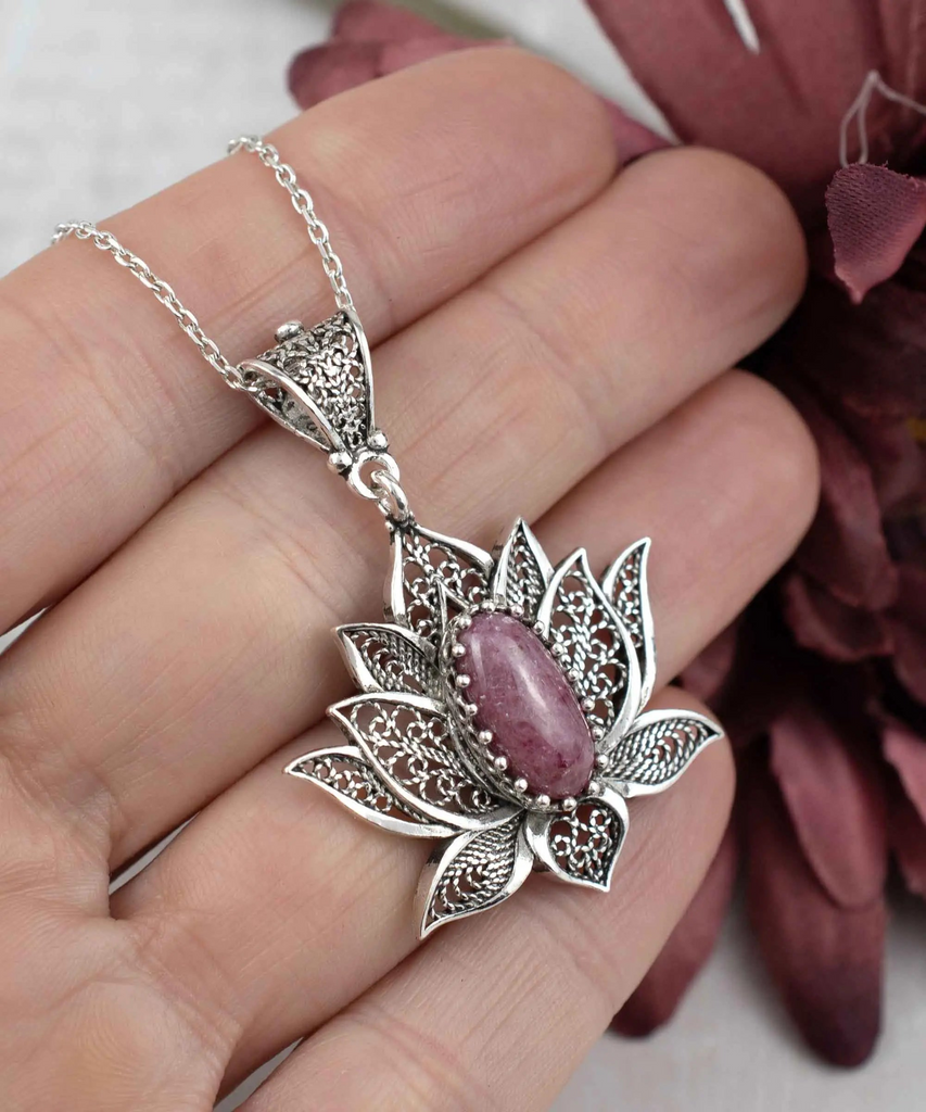 Luxurious Rhodonite Lotus Flower Silver Pendant Necklace - Shop X Ology