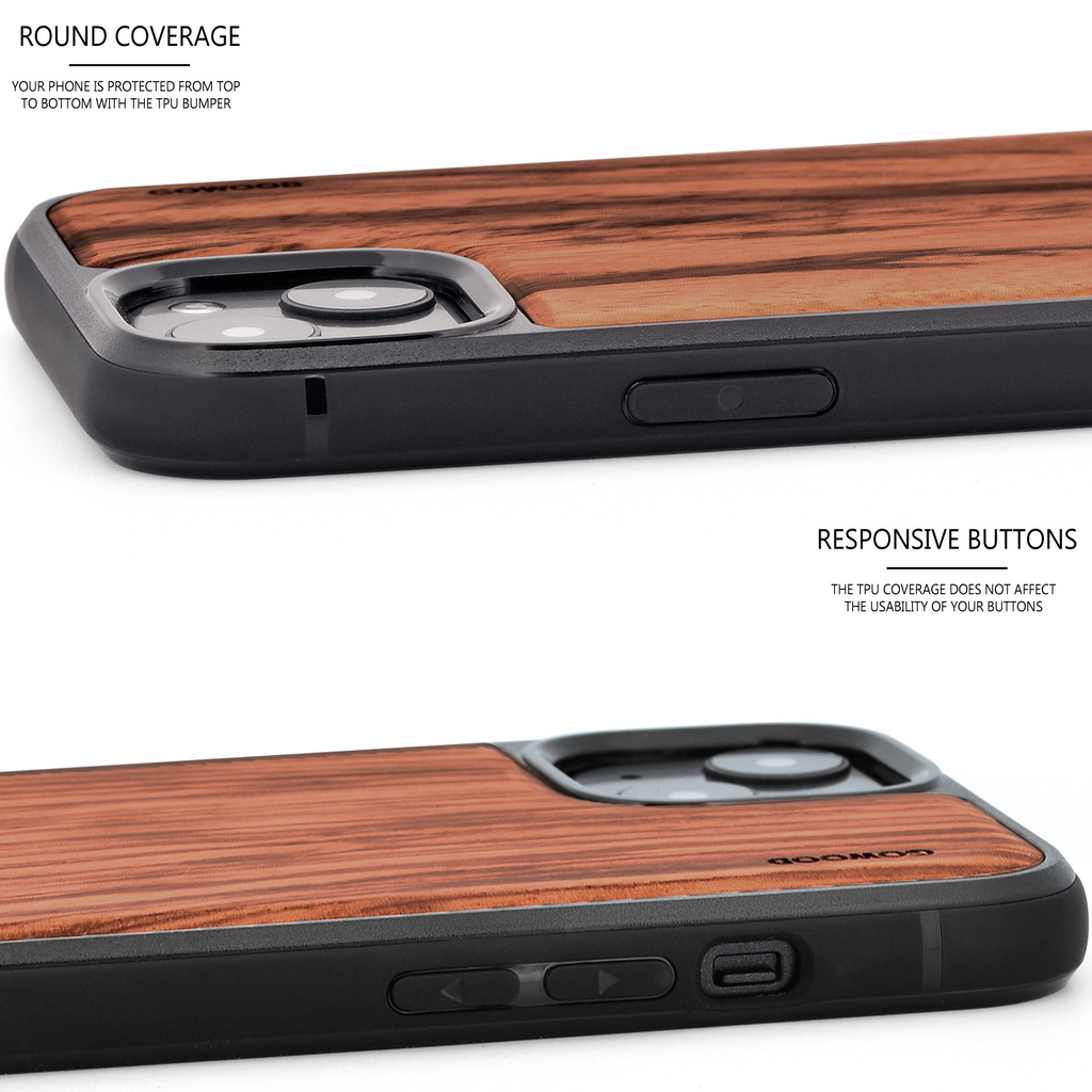 iPhone 13 Mini zebra wood case with TPU bumper and black PC - Shop X Ology