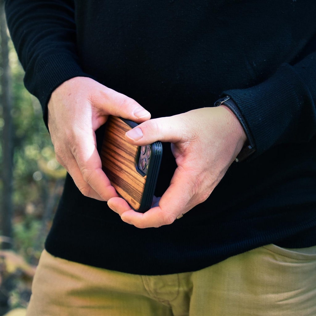 iPhone 13 Mini zebra wood case with TPU bumper and black PC - Shop X Ology