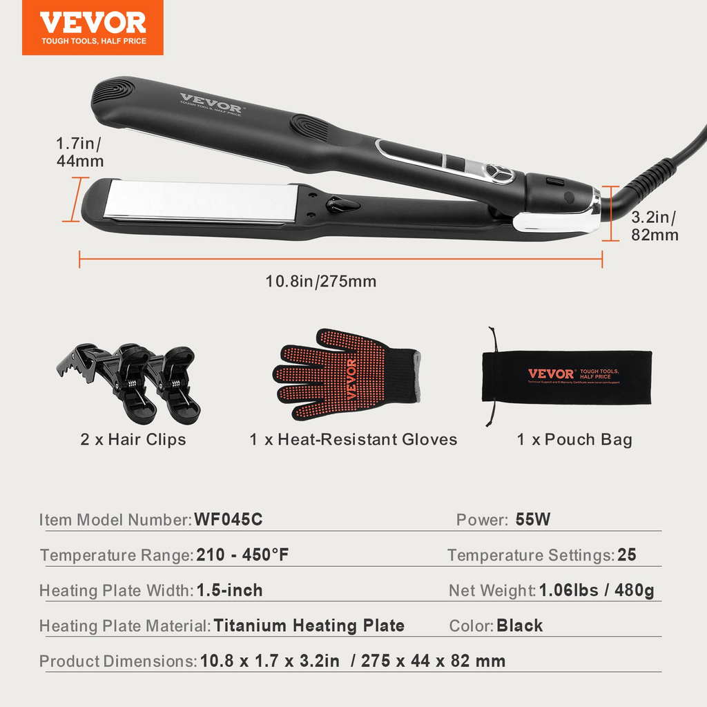 VEVOR Hair Straightener 1.5-inch Titanium Flat Iron & Negative Ion