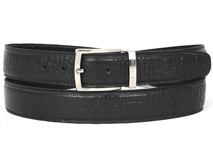 PAUL PARKMAN Men's Crocodile Embossed Calfskin Leather Belt Hand-Painted Black (ID#B02-BLK) - Shop X Ology