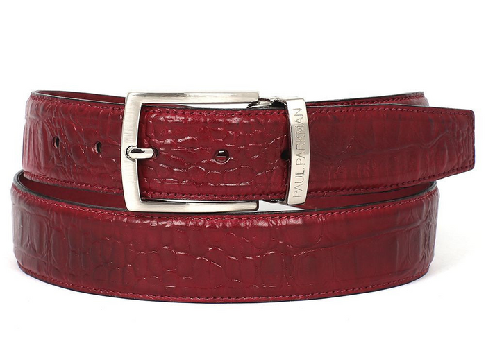 PAUL PARKMAN Men's Croc Embossed Calfskin Belt Burgundy (ID#B02-BUR) - Shop X Ology