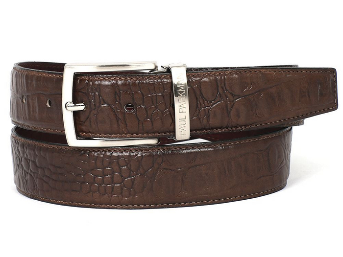 PAUL PARKMAN Men's Crocodile Embossed Calfskin Leather Belt Hand-Painted Brown (ID#B02-BRW) - Shop X Ology