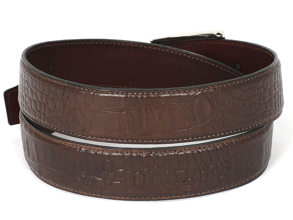 PAUL PARKMAN Men's Crocodile Embossed Calfskin Leather Belt Hand-Painted Brown (ID#B02-BRW) - Shop X Ology