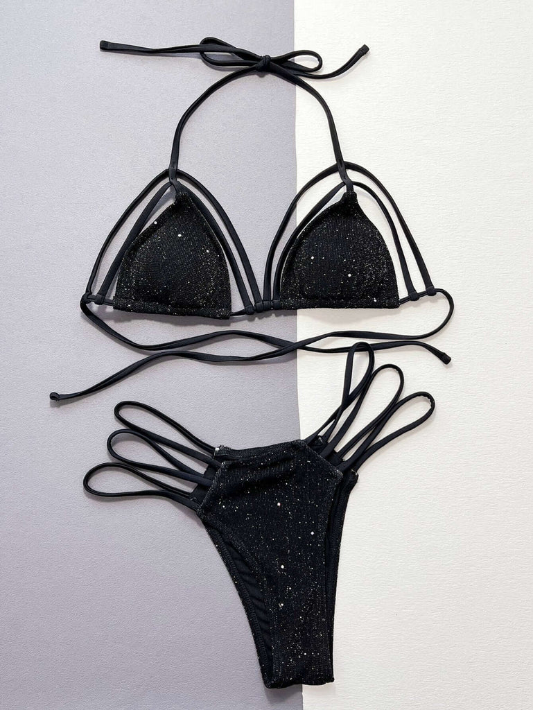 Glitter Halter Neck Strappy Two-Piece Bikini Set | Swimsuit