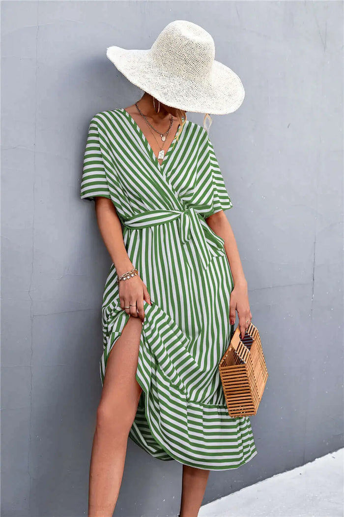 Spring Style Cross V-neck Lace-up Striped Dress | Evening Dress