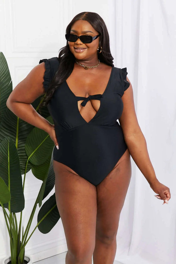 Marina West Swim Seashell Ruffle Sleeve One-Piece in Black | Swimsuit