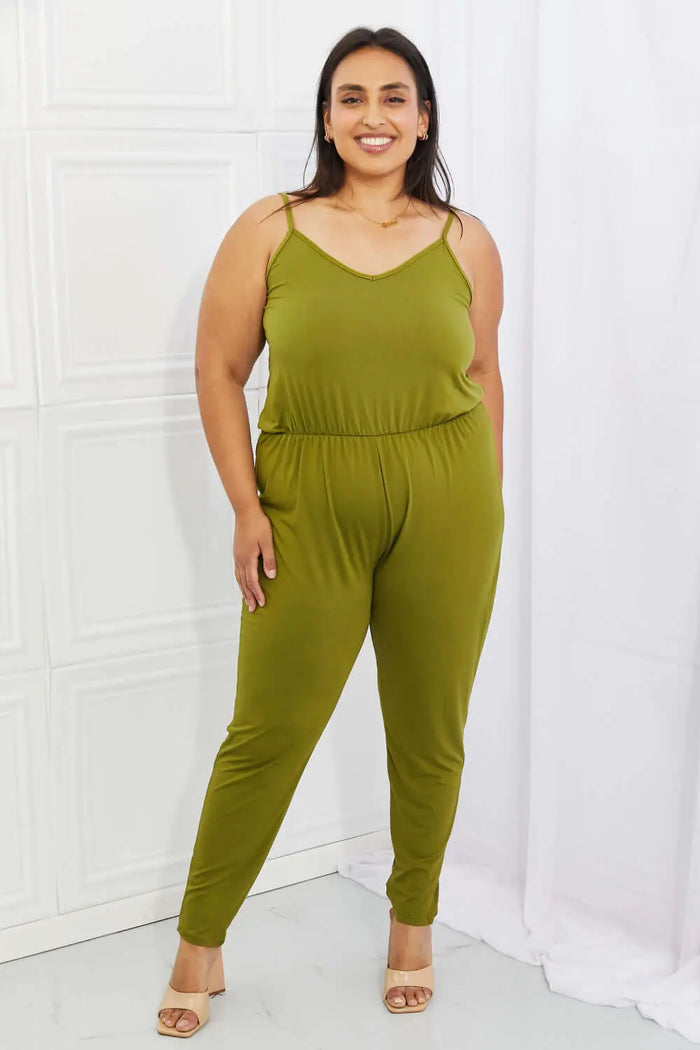 Capella Comfy Casual Full Size Solid Elastic Waistband Jumpsuit in Chartreuse | Woman Casual Outfits