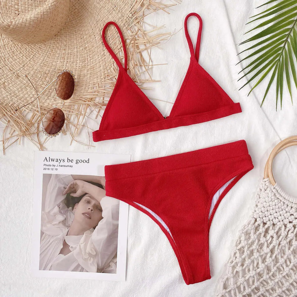 Spaghetti Strap Ribbed Bikini Set | Swimsuit