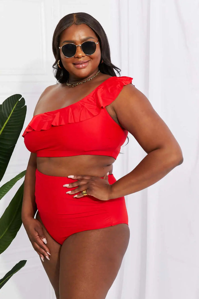 Marina West Swim Seaside Romance Ruffle One-Shoulder Bikini in Red | Swimsuit