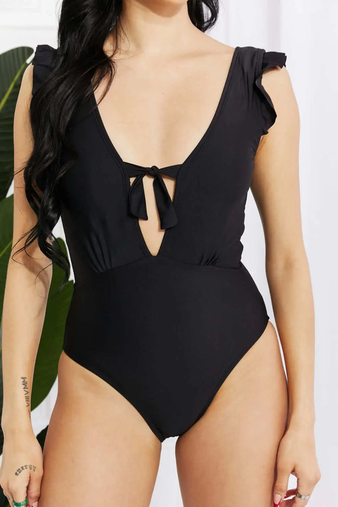 Marina West Swim Seashell Ruffle Sleeve One-Piece in Black | Swimsuit