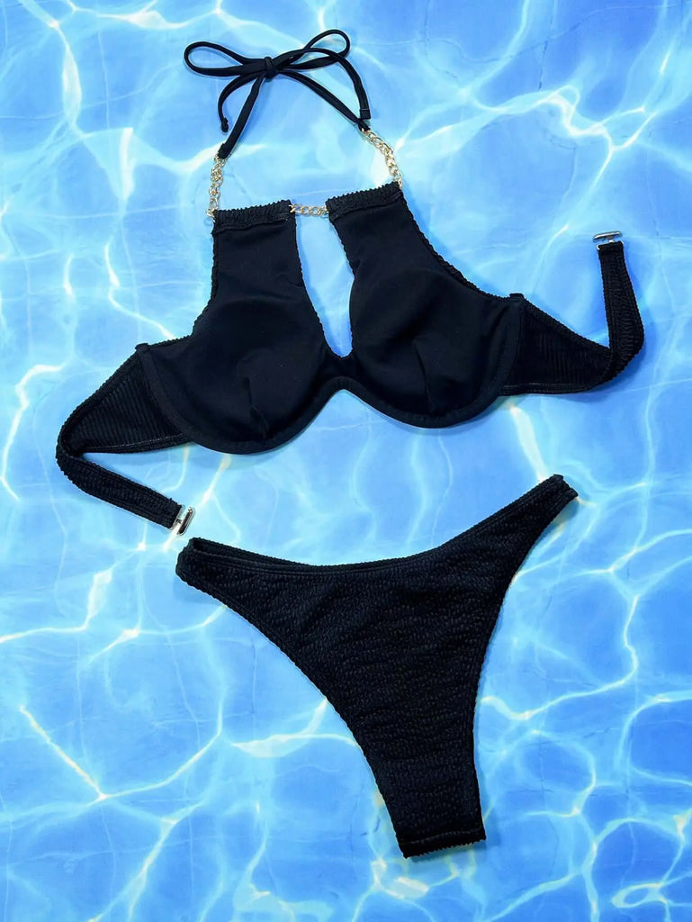 Halter Neck Chain Detail Two-Piece Bikini Set | Swimsuit
