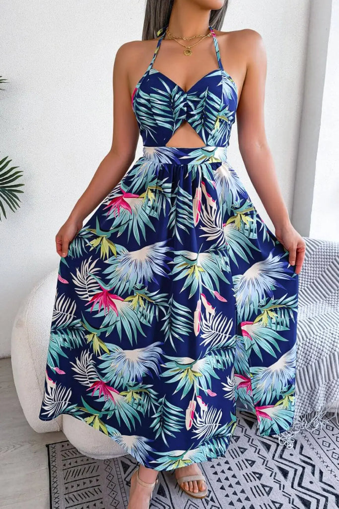 Botanical Print Tied Backless Cutout Slit Dress | Woman Casual Outfits