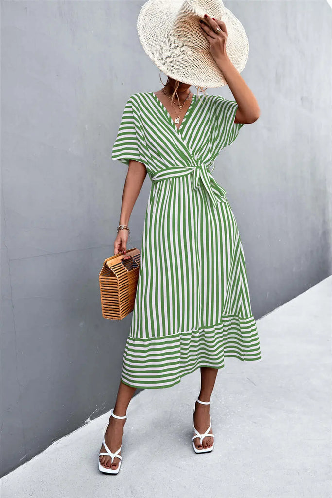 Spring Style Cross V-neck Lace-up Striped Dress | Evening Dress