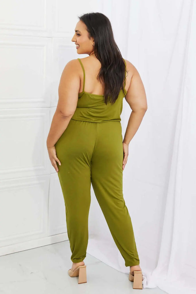 Capella Comfy Casual Full Size Solid Elastic Waistband Jumpsuit in Chartreuse | Woman Casual Outfits