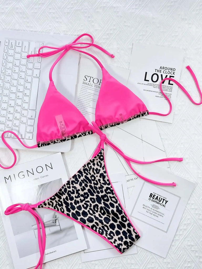 Leopard Print Halter Neck Tie Side Bikini Set | Swimsuit