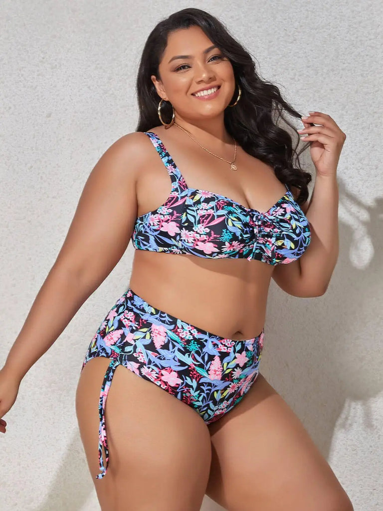 Plus Size Printed Drawstring Detail Bikini Set | Swimsuit