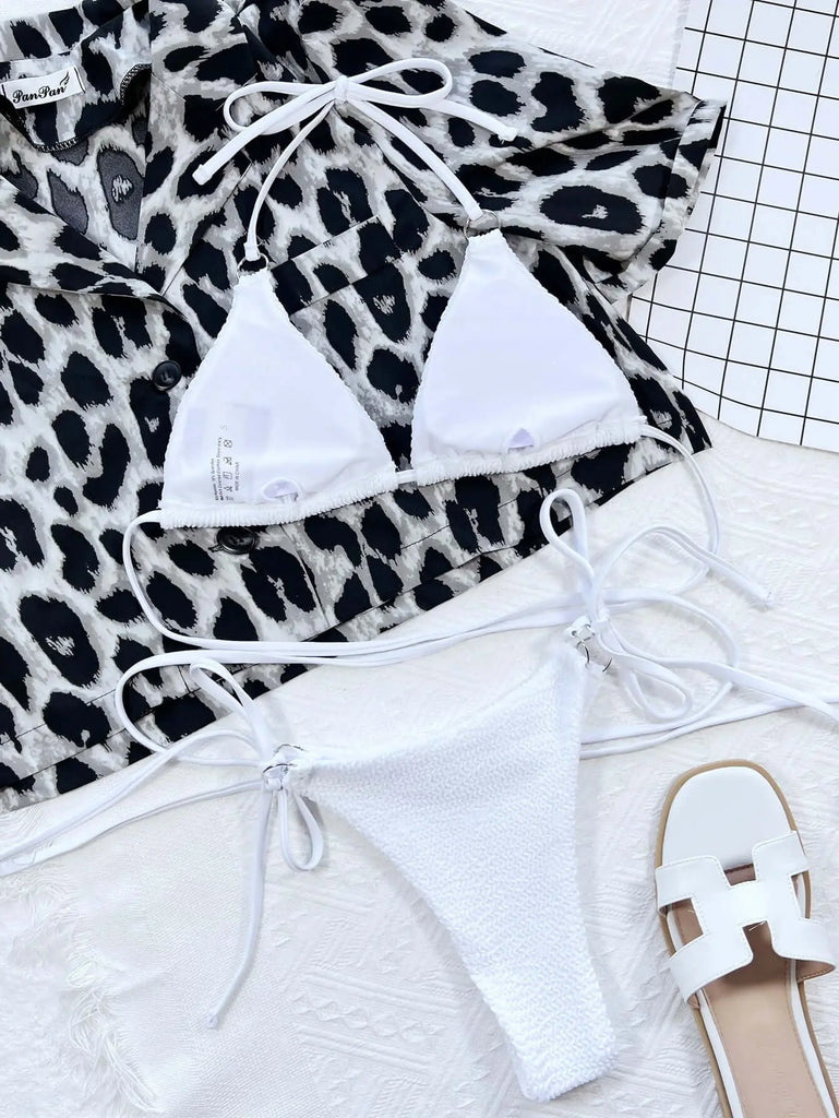 Textured Halter Neck Tie Side Bikini Set | Swimsuit