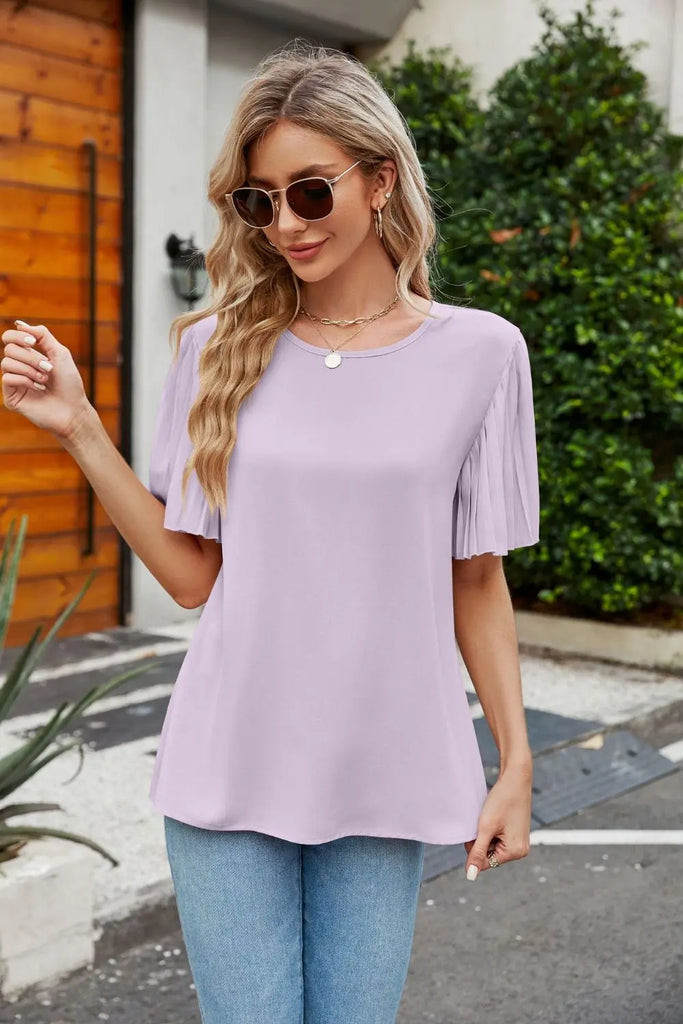 Pleated Flutter Sleeve Round Neck Blouse | Tops