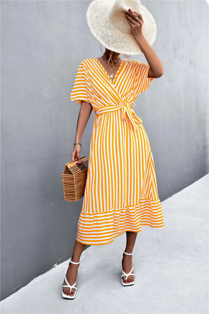 Spring Style Cross V-neck Lace-up Striped Dress | Evening Dress