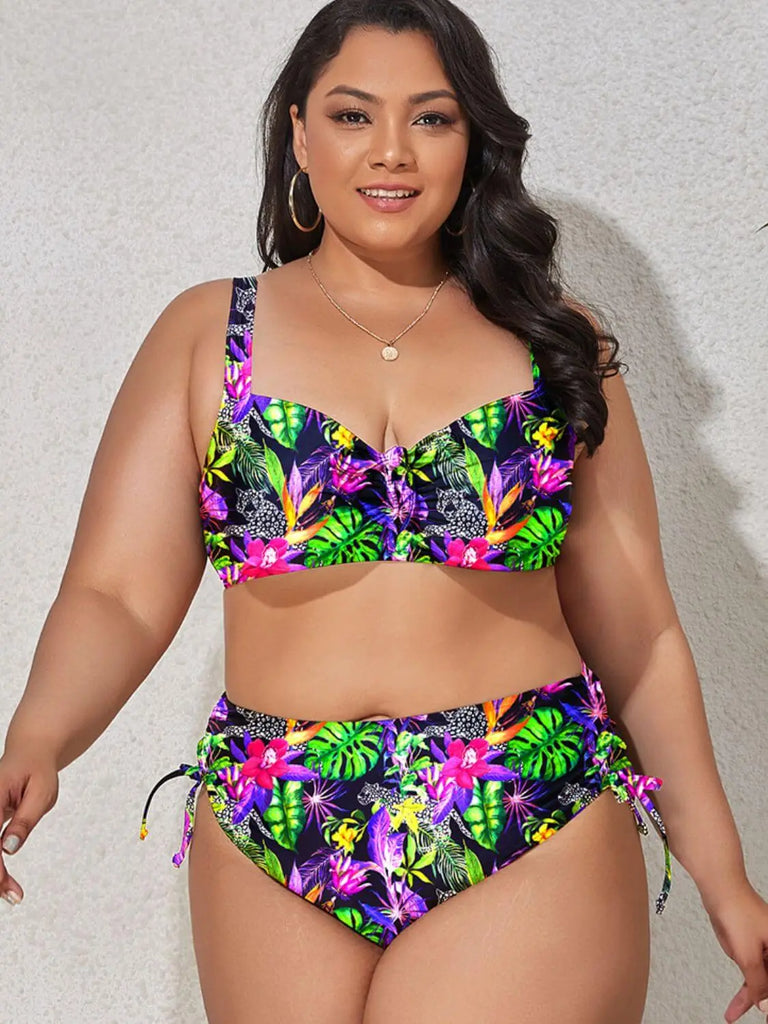 Plus Size Printed Drawstring Detail Bikini Set | Swimsuit