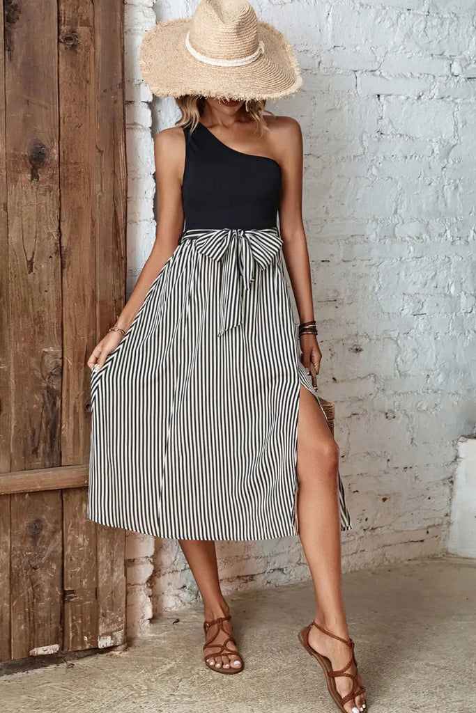 Striped One-Shoulder Slit Dress | Woman Casual Outfits