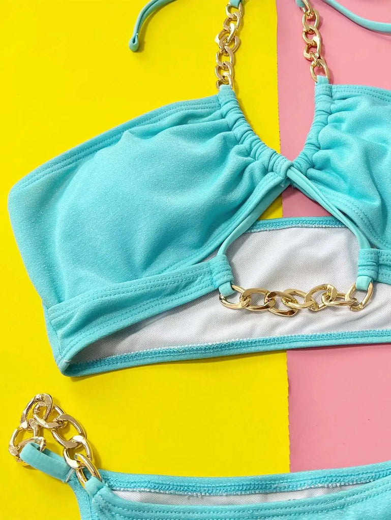 Halter Neck Chain Detail Two-Piece Bikini Set | Swimsuit