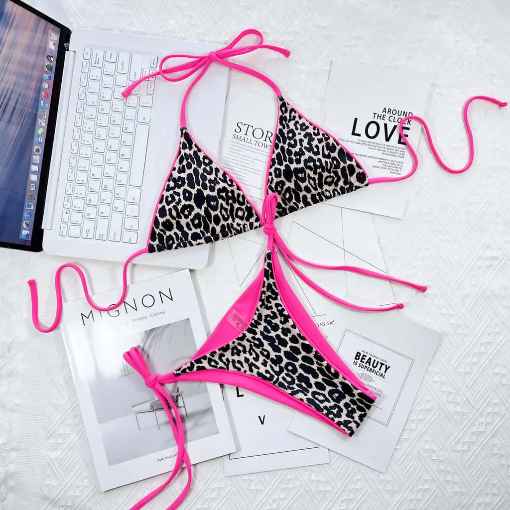 Leopard Print Halter Neck Tie Side Bikini Set | Swimsuit