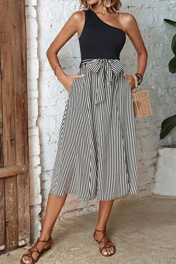 Striped One-Shoulder Slit Dress | Woman Casual Outfits