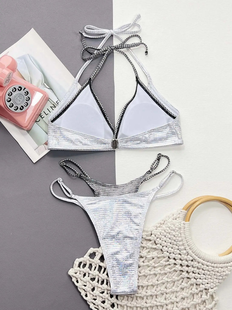 Faux Layered Halter Neck Two-Piece Bikini Set | Swimsuit