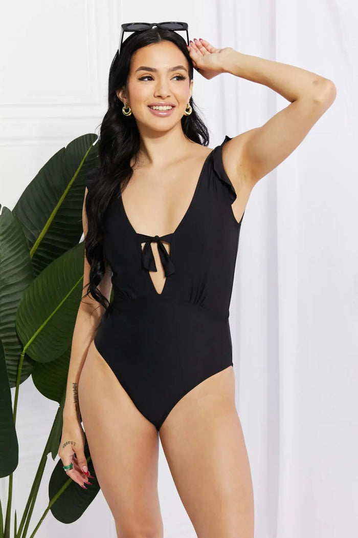 Marina West Swim Seashell Ruffle Sleeve One-Piece in Black | Swimsuit