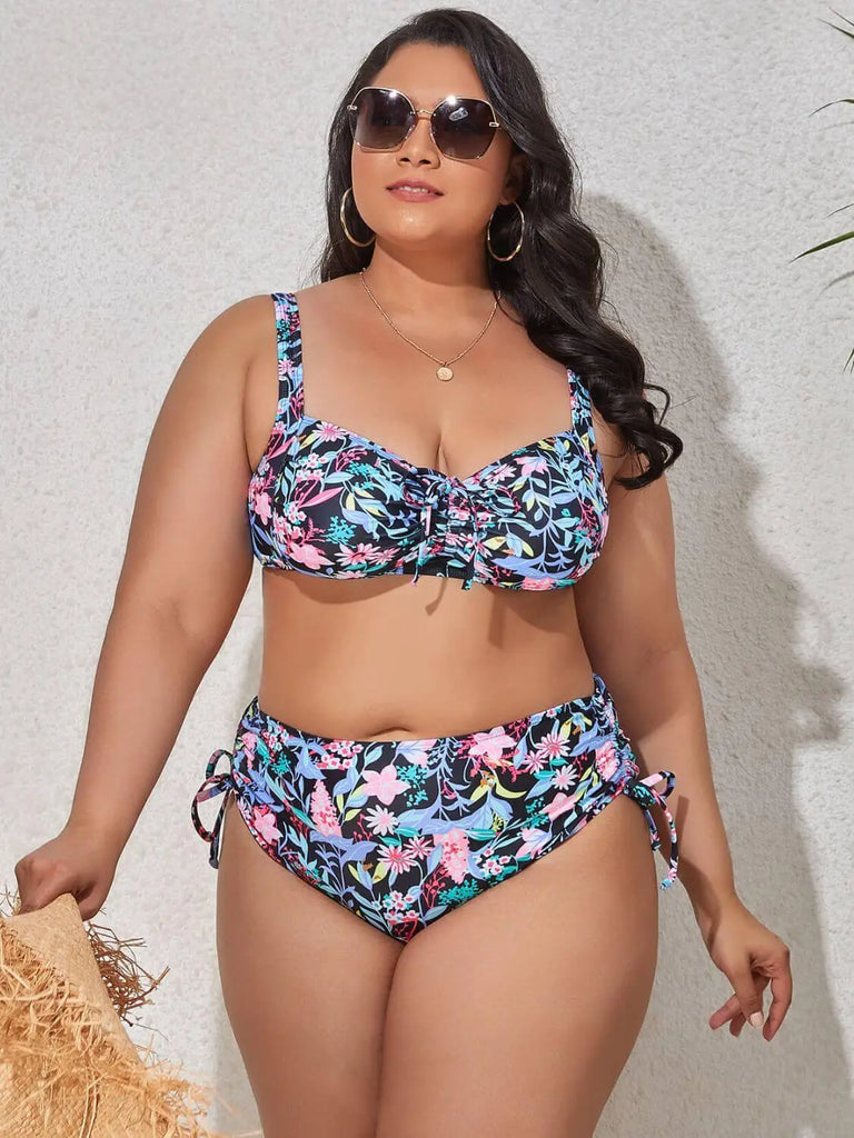 Plus Size Printed Drawstring Detail Bikini Set | Swimsuit