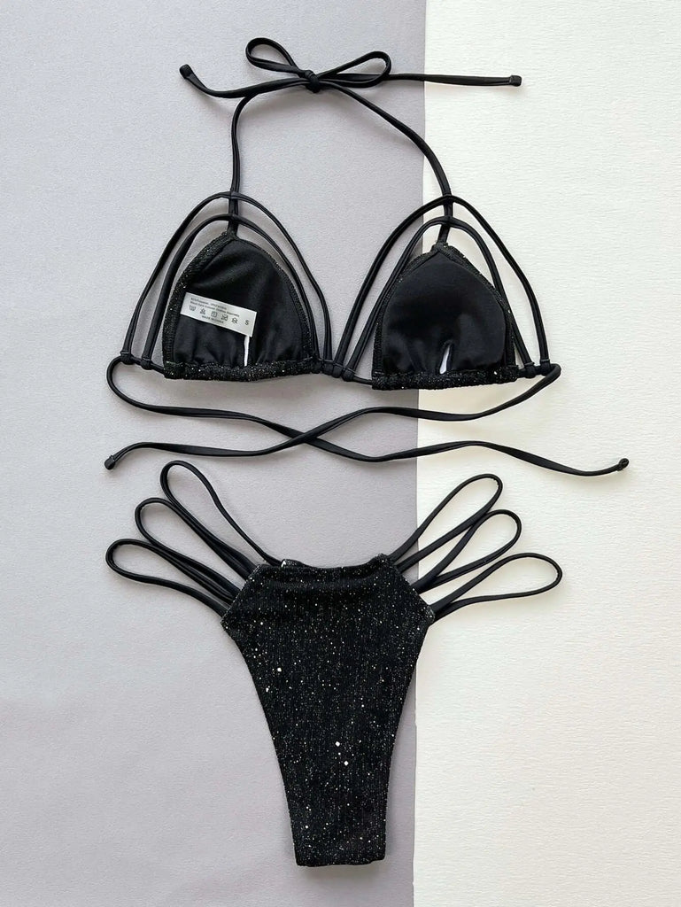 Glitter Halter Neck Strappy Two-Piece Bikini Set | Swimsuit