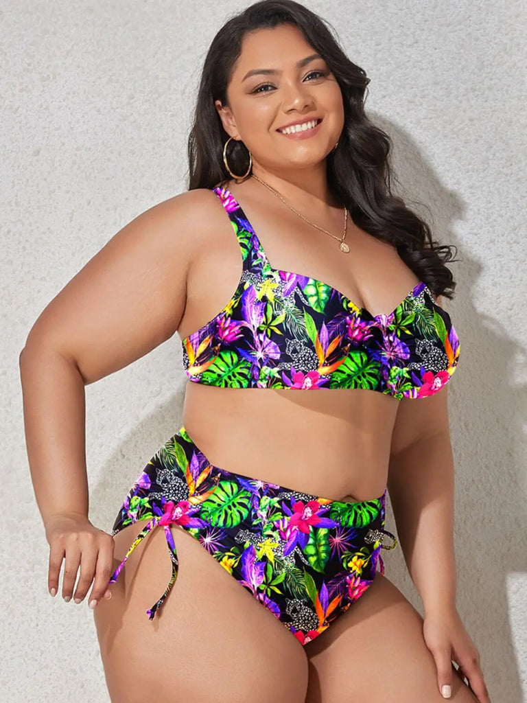 Plus Size Printed Drawstring Detail Bikini Set | Swimsuit