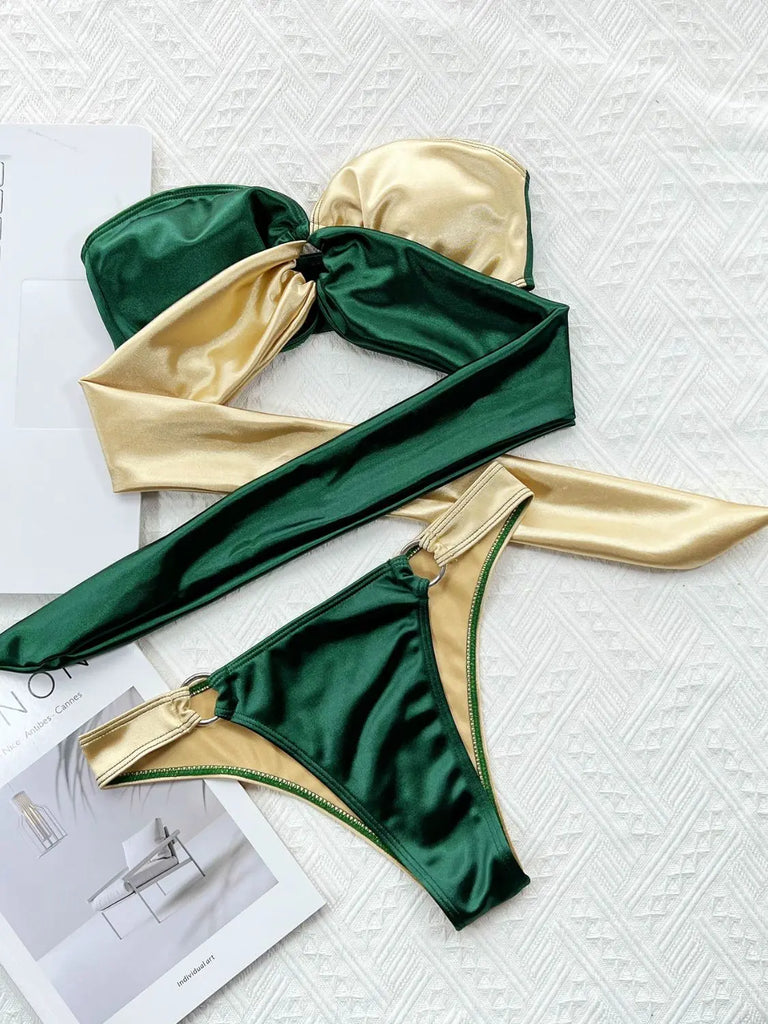 Two-Tone Ring Detail Tied Bikini Set | Swimsuit