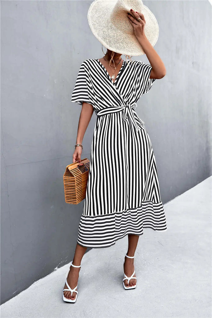 Spring Style Cross V-neck Lace-up Striped Dress | Evening Dress